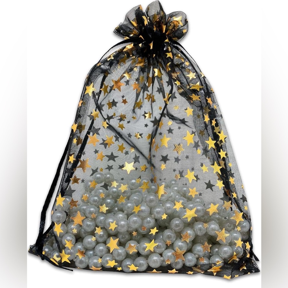 6”x8” Organza Drawstring Bags Black with Gold Stars. 75 Count